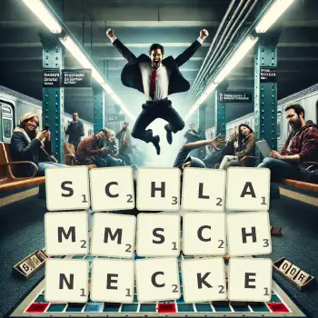 Kreative Illustration für ein Scrabble-Spiel, bei dem das Wort SCHLAMMSCHNECKE mit Steinen auf dem Brett gelegt wurde.