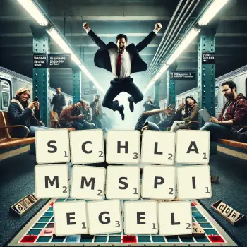 Kreative Illustration für ein Scrabble-Spiel, bei dem das Wort SCHLAMMSPIEGEL mit Steinen auf dem Brett gelegt wurde.