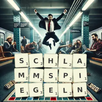 Kreative Illustration für ein Scrabble-Spiel, bei dem das Wort SCHLAMMSPIEGELN mit Steinen auf dem Brett gelegt wurde.