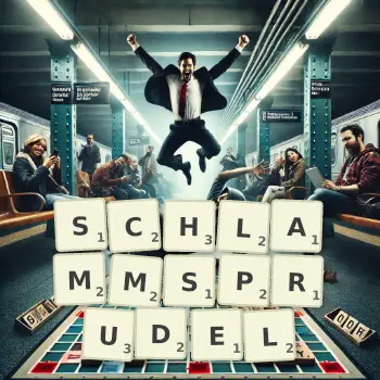 Kreative Illustration für ein Scrabble-Spiel, bei dem das Wort SCHLAMMSPRUDEL mit Steinen auf dem Brett gelegt wurde.