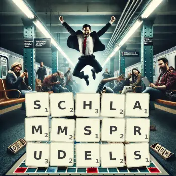 Kreative Illustration für ein Scrabble-Spiel, bei dem das Wort SCHLAMMSPRUDELS mit Steinen auf dem Brett gelegt wurde.