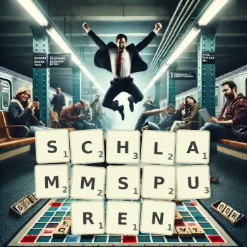 Kreative Illustration für ein Scrabble-Spiel, bei dem das Wort SCHLAMMSPUREN mit Steinen auf dem Brett gelegt wurde.