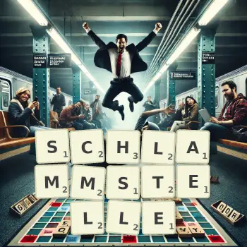 Kreative Illustration für ein Scrabble-Spiel, bei dem das Wort SCHLAMMSTELLE mit Steinen auf dem Brett gelegt wurde.