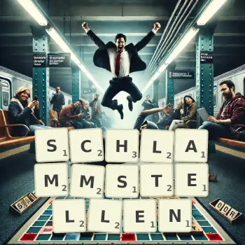 Kreative Illustration für ein Scrabble-Spiel, bei dem das Wort SCHLAMMSTELLEN mit Steinen auf dem Brett gelegt wurde.