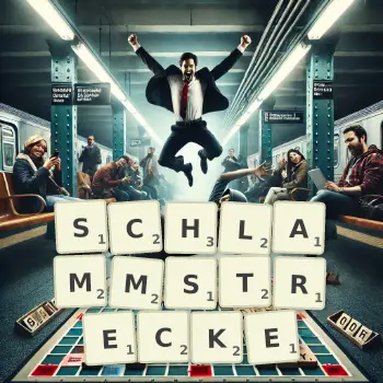 Kreative Illustration für ein Scrabble-Spiel, bei dem das Wort SCHLAMMSTRECKE mit Steinen auf dem Brett gelegt wurde.