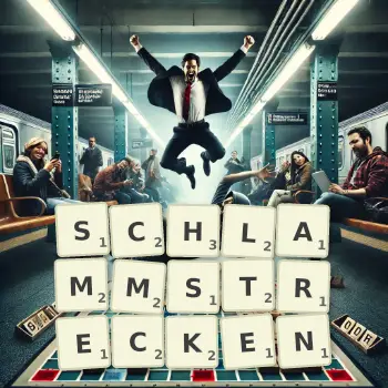 Kreative Illustration für ein Scrabble-Spiel, bei dem das Wort SCHLAMMSTRECKEN mit Steinen auf dem Brett gelegt wurde.