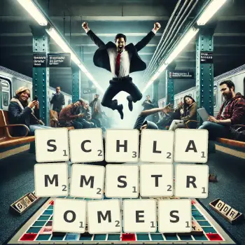 Kreative Illustration für ein Scrabble-Spiel, bei dem das Wort SCHLAMMSTROMES mit Steinen auf dem Brett gelegt wurde.