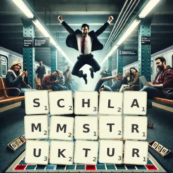 Kreative Illustration für ein Scrabble-Spiel, bei dem das Wort SCHLAMMSTRUKTUR mit Steinen auf dem Brett gelegt wurde.