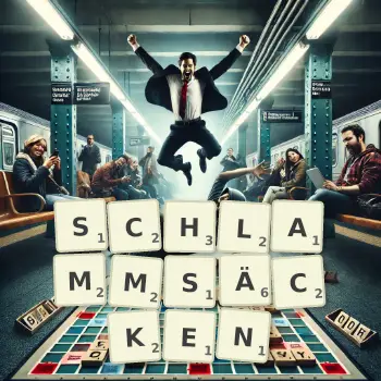 Kreative Illustration für ein Scrabble-Spiel, bei dem das Wort SCHLAMMSÄCKEN mit Steinen auf dem Brett gelegt wurde.