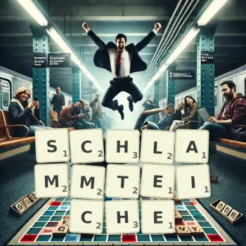 Kreative Illustration für ein Scrabble-Spiel, bei dem das Wort SCHLAMMTEICHE mit Steinen auf dem Brett gelegt wurde.