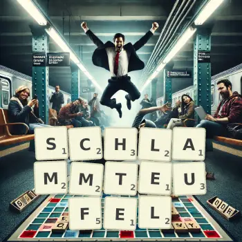 Kreative Illustration für ein Scrabble-Spiel, bei dem das Wort SCHLAMMTEUFEL mit Steinen auf dem Brett gelegt wurde.