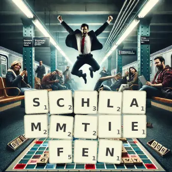 Kreative Illustration für ein Scrabble-Spiel, bei dem das Wort SCHLAMMTIEFEN mit Steinen auf dem Brett gelegt wurde.