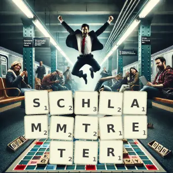 Kreative Illustration für ein Scrabble-Spiel, bei dem das Wort SCHLAMMTRETER mit Steinen auf dem Brett gelegt wurde.