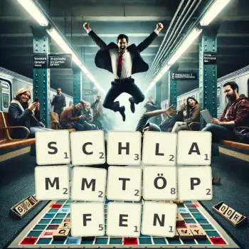 Kreative Illustration für ein Scrabble-Spiel, bei dem das Wort SCHLAMMTÖPFEN mit Steinen auf dem Brett gelegt wurde.
