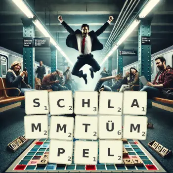 Kreative Illustration für ein Scrabble-Spiel, bei dem das Wort SCHLAMMTÜMPEL mit Steinen auf dem Brett gelegt wurde.
