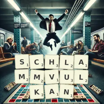 Kreative Illustration für ein Scrabble-Spiel, bei dem das Wort SCHLAMMVULKAN mit Steinen auf dem Brett gelegt wurde.