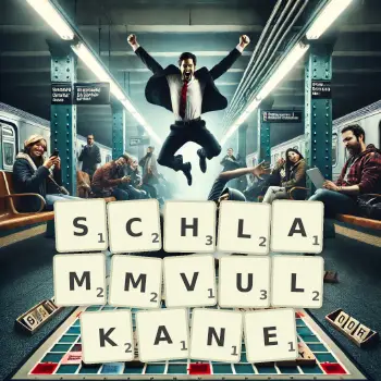 Kreative Illustration für ein Scrabble-Spiel, bei dem das Wort SCHLAMMVULKANE mit Steinen auf dem Brett gelegt wurde.