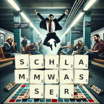 Kreative Illustration für ein Scrabble-Spiel, bei dem das Wort SCHLAMMWASSER mit Steinen auf dem Brett gelegt wurde.