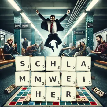 Kreative Illustration für ein Scrabble-Spiel, bei dem das Wort SCHLAMMWEIHER mit Steinen auf dem Brett gelegt wurde.