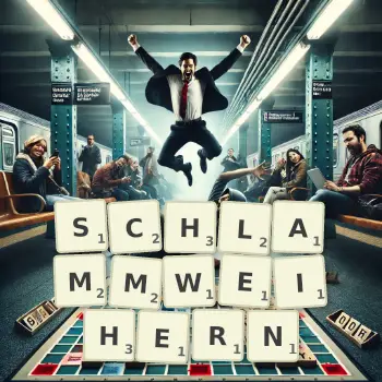 Kreative Illustration für ein Scrabble-Spiel, bei dem das Wort SCHLAMMWEIHERN mit Steinen auf dem Brett gelegt wurde.