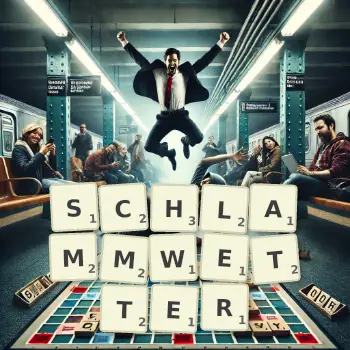 Kreative Illustration für ein Scrabble-Spiel, bei dem das Wort SCHLAMMWETTER mit Steinen auf dem Brett gelegt wurde.