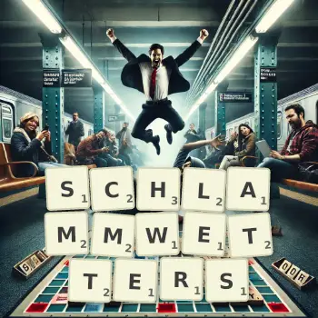 Kreative Illustration für ein Scrabble-Spiel, bei dem das Wort SCHLAMMWETTERS mit Steinen auf dem Brett gelegt wurde.