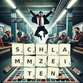 Kreative Illustration für ein Scrabble-Spiel, bei dem das Wort SCHLAMMZEITEN mit Steinen auf dem Brett gelegt wurde.