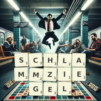 Kreative Illustration für ein Scrabble-Spiel, bei dem das Wort SCHLAMMZIEGEL mit Steinen auf dem Brett gelegt wurde.