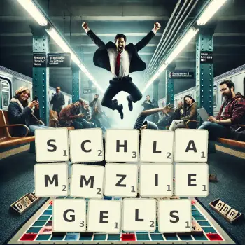 Kreative Illustration für ein Scrabble-Spiel, bei dem das Wort SCHLAMMZIEGELS mit Steinen auf dem Brett gelegt wurde.