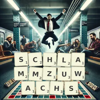 Kreative Illustration für ein Scrabble-Spiel, bei dem das Wort SCHLAMMZUWACHS mit Steinen auf dem Brett gelegt wurde.