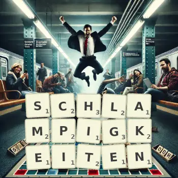 Kreative Illustration für ein Scrabble-Spiel, bei dem das Wort SCHLAMPIGKEITEN mit Steinen auf dem Brett gelegt wurde.