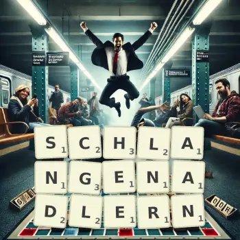 Kreative Illustration für ein Scrabble-Spiel, bei dem das Wort SCHLANGENADLERN mit Steinen auf dem Brett gelegt wurde.