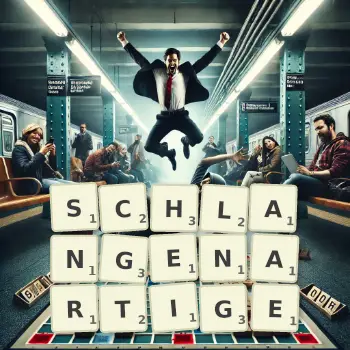 Kreative Illustration für ein Scrabble-Spiel, bei dem das Wort SCHLANGENARTIGE mit Steinen auf dem Brett gelegt wurde.