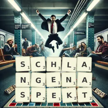 Kreative Illustration für ein Scrabble-Spiel, bei dem das Wort SCHLANGENASPEKT mit Steinen auf dem Brett gelegt wurde.