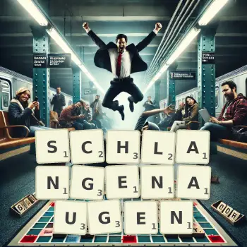 Kreative Illustration für ein Scrabble-Spiel, bei dem das Wort SCHLANGENAUGEN mit Steinen auf dem Brett gelegt wurde.