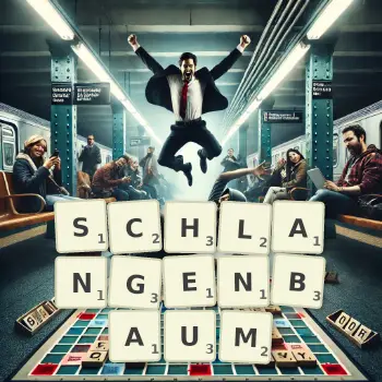 Kreative Illustration für ein Scrabble-Spiel, bei dem das Wort SCHLANGENBAUM mit Steinen auf dem Brett gelegt wurde.