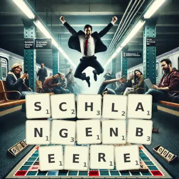 Kreative Illustration für ein Scrabble-Spiel, bei dem das Wort SCHLANGENBEERE mit Steinen auf dem Brett gelegt wurde.