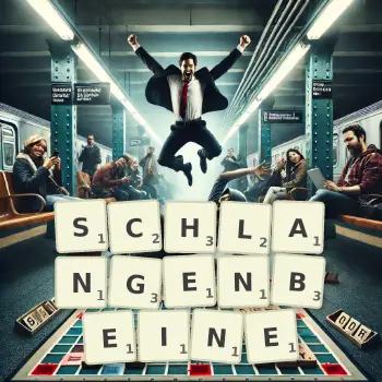 Kreative Illustration für ein Scrabble-Spiel, bei dem das Wort SCHLANGENBEINE mit Steinen auf dem Brett gelegt wurde.