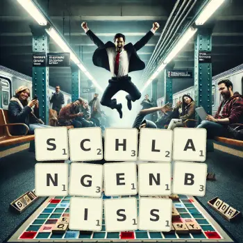 Kreative Illustration für ein Scrabble-Spiel, bei dem das Wort SCHLANGENBISS mit Steinen auf dem Brett gelegt wurde.