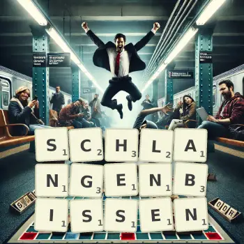 Kreative Illustration für ein Scrabble-Spiel, bei dem das Wort SCHLANGENBISSEN mit Steinen auf dem Brett gelegt wurde.
