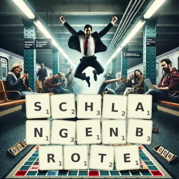 Kreative Illustration für ein Scrabble-Spiel, bei dem das Wort SCHLANGENBROTE mit Steinen auf dem Brett gelegt wurde.