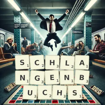 Kreative Illustration für ein Scrabble-Spiel, bei dem das Wort SCHLANGENBUCHS mit Steinen auf dem Brett gelegt wurde.