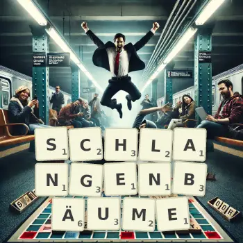 Kreative Illustration für ein Scrabble-Spiel, bei dem das Wort SCHLANGENBÄUME mit Steinen auf dem Brett gelegt wurde.
