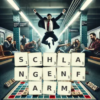 Kreative Illustration für ein Scrabble-Spiel, bei dem das Wort SCHLANGENFARM mit Steinen auf dem Brett gelegt wurde.