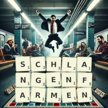 Kreative Illustration für ein Scrabble-Spiel, bei dem das Wort SCHLANGENFARMEN mit Steinen auf dem Brett gelegt wurde.