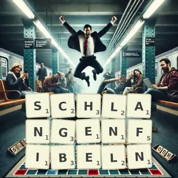 Kreative Illustration für ein Scrabble-Spiel, bei dem das Wort SCHLANGENFIBELN mit Steinen auf dem Brett gelegt wurde.