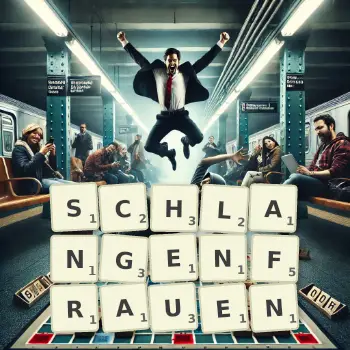 Kreative Illustration für ein Scrabble-Spiel, bei dem das Wort SCHLANGENFRAUEN mit Steinen auf dem Brett gelegt wurde.
