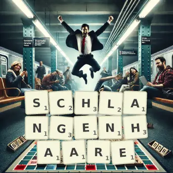 Kreative Illustration für ein Scrabble-Spiel, bei dem das Wort SCHLANGENHAARE mit Steinen auf dem Brett gelegt wurde.