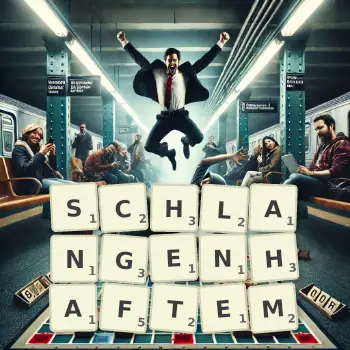 Kreative Illustration für ein Scrabble-Spiel, bei dem das Wort SCHLANGENHAFTEM mit Steinen auf dem Brett gelegt wurde.
