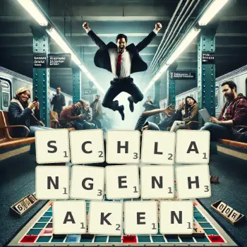Kreative Illustration für ein Scrabble-Spiel, bei dem das Wort SCHLANGENHAKEN mit Steinen auf dem Brett gelegt wurde.